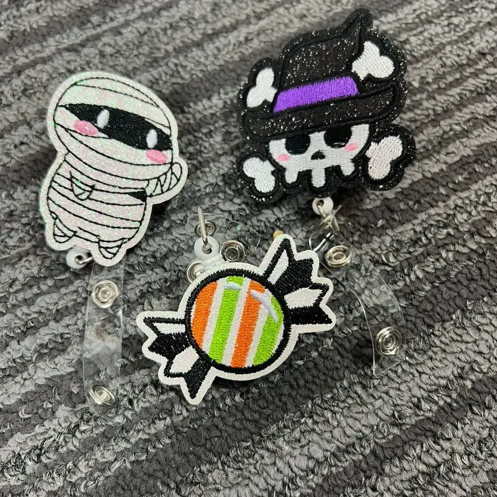 3 Pc Halloween Retractable Badge Reel Set Mummy Skull Candy Glitter Embroider